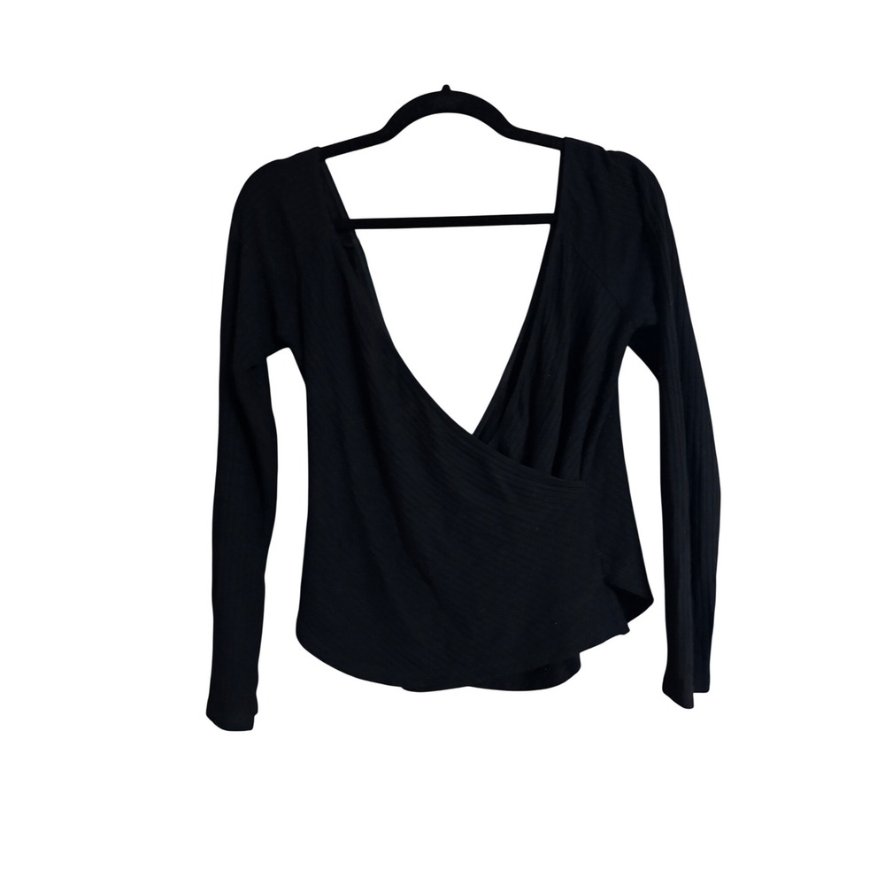 Reformation Black Ribbed Wrap Deep V-Neck Long Sleeve Top Large Tencel Modal